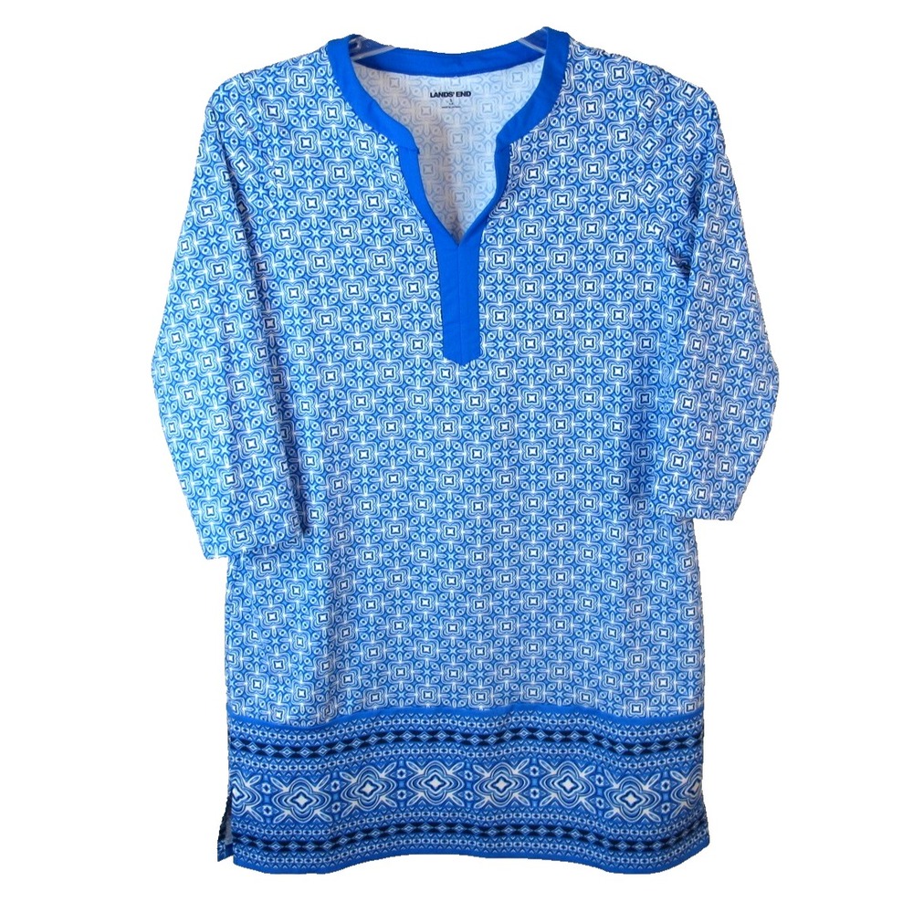 Lands End V-Neck Sheath Dress Women's Small‎ Blue Geometric Print Stretch